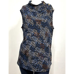 DKNY Geometric Sleeveless Blouse Shoulder Button Detail Career Casual Sz Medium